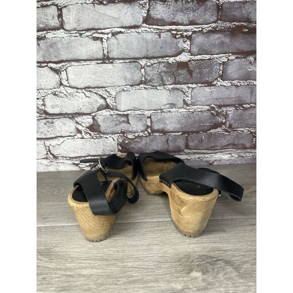 Swedish Hasbeens Black Leather Wooden Heel Peep Toe Ankle Strap Sandals Women 38 - Picture 5 of 16